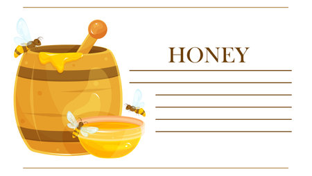 Ready-made label for a jar of honey, a sticker for honey, a template for printing, a label with a barrel of honey, packagingのイラスト素材
