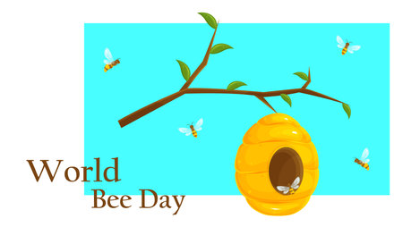 postcard for world bee day, international bee day, bee hive on a branch, background, banner for the websiteのイラスト素材