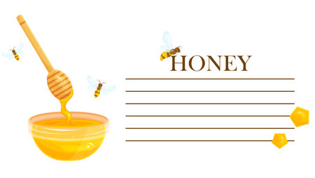 Ready-made label for a jar of honey, a sticker for honey, a template for printing, a label with a cup and a spoon of honey, packagingのイラスト素材