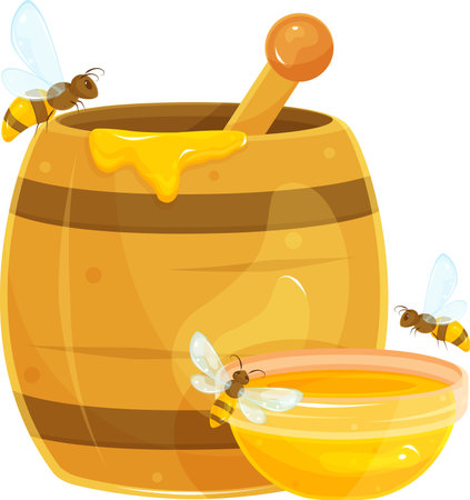 vector illustration of a barrel with honey, bees sitting on a wooden barrel with honey, a saucer with honey, flying aroundのイラスト素材