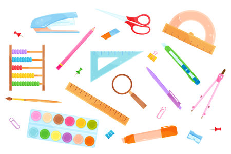 bright vector illustration of stationery, school and office supplies, back to schoolのイラスト素材