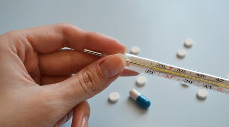 mercury thermometer in hand on a blue background, medication, medical workers day, medical care,...