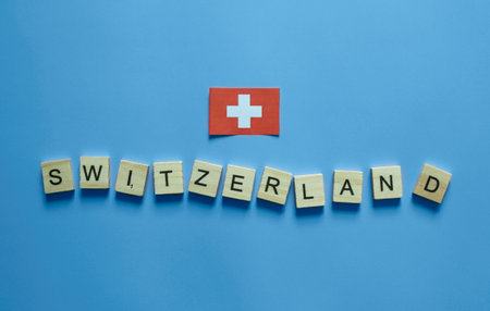 August 1, Confederation Day, national holiday in Switzerland, Swiss National Day, minimalistic banner with the inscription Switzerland, Swiss flagの写真素材