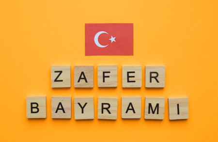 August 30, Turkey Victory Day, zafer bayrami, flag of Turkey, minimalistic banner with wooden lettersの写真素材