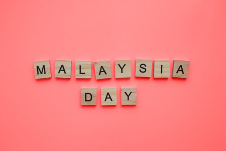 September 16, Malaysia Day, minimalistic banner with the inscription in wooden lettersの写真素材