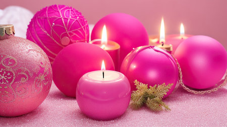 Christmas candles, Christmas trees and Christmas toys, New Year decorations, pink shades, trendy colorの素材