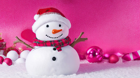 christmas snowman in a hat, christmas decorations, new year, trendy color, pink shadesの素材