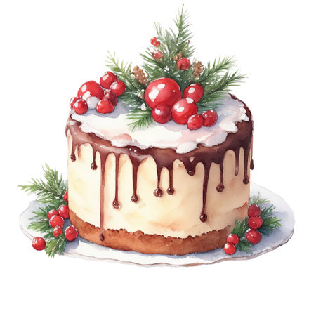 watercolor illustration, Christmas cake decorated with cranberries and Christmas tree branches, Christmas decorations, New Year sweetsの素材