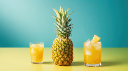 pineapple, pineapple cocktail, lemonade with ice in a glass glass, bright backgroundの素材