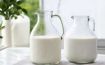 glass jug with milk on the window of the bright kitchenの素材