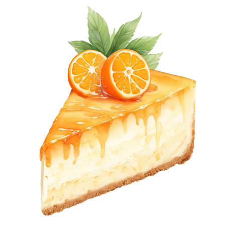 watercolor illustration, citrus cake, piece of orange cheesecake, fruit homemade pastry, isolated on a white backgroundの素材