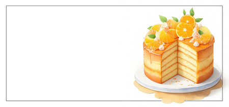 horizontal banner, watercolor illustration, fruit homemade cakes, orange cheesecake, citrus cake, place for textの素材