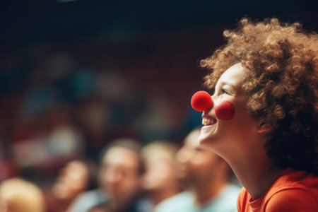curly red-haired girl with a clown nose, April 1st, April Fool's Day, funny clown, circus performerの素材