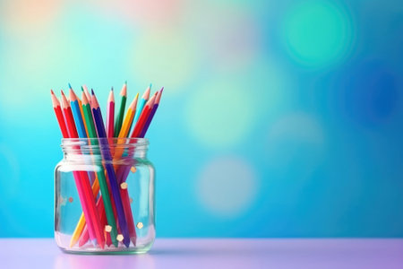 glass jar with colored pencils, stationery, teachers day, return to school, place for textの素材