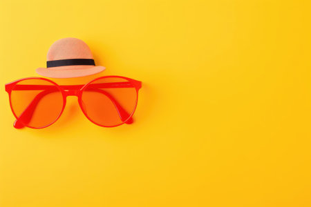 a bright orange summer banner, red sunglasses and a hat with a brim, a place for textの素材