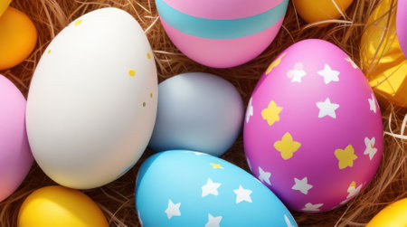 Easter, painted multicolored eggs in a basket, wicker basket, birds nest, top viewの素材