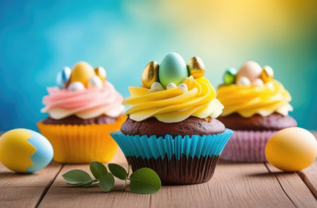 Easter, Easter cupcakes decorated with cream and colorful eggs, traditional treats and sweets, homemade cakesの素材