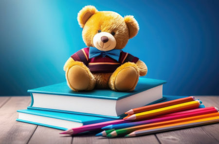 cute teddy bear sitting on a stack of books, colored pencils, childrens fairy tales, reading for children, blue backgroundの素材