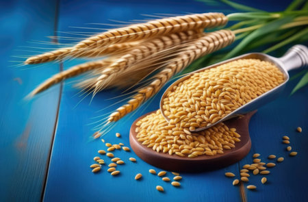 Vaisakhi, Sikh New Year, Shavuot jewish, bouquet of wheat, ears of wheat, scattered grain, blue backgroundの素材