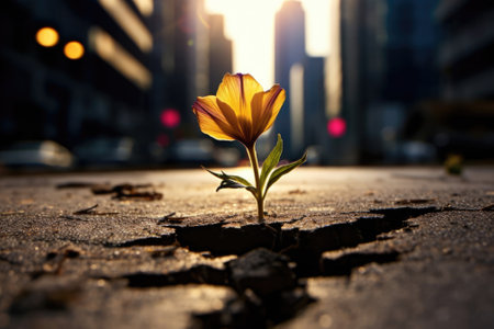 stone jungle, a resilient flower through asphalt, a concept of hope and rebirth, hop concept, cracked concrete road, nature against manの素材