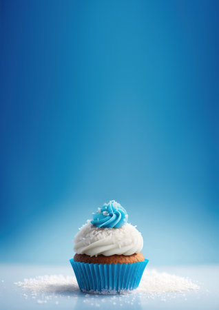 vertical banner, cupcake with coconut, homemade pastries, cake with coconut chips, tropical desserts, place for textの素材