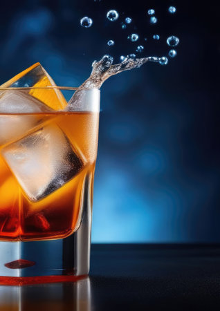non-alcoholic drink with ice, summer cocktail, alcoholic cocktail, International bartenders Day, dark background, wooden table, vertical postcardの素材