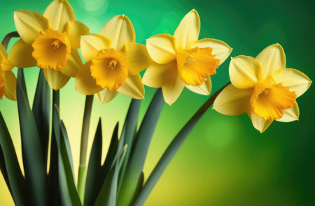 St. Davids Day, Mothers Day, International Womens Day, spring flowers, bouquet of yellow daffodils, green backgroundの素材