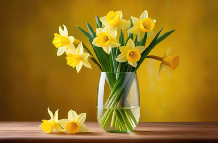 international Women's Day, St. Davids Day, bouquet of yellow daffodils in a glass vase, spring flowers, yellow backgroundの素材