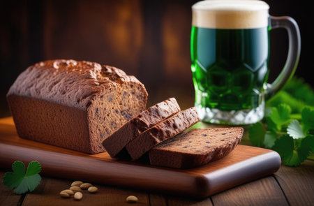St. Patrick's Day, traditional Irish pastries, national Irish cuisine, malt bread, Irish brown bread, foam drink, green beer mugの素材