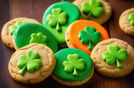 St. Patrick's Day, traditional Irish pastries, national Irish cuisine, sweet dessert, crunchy sugar cookies decorated with trefoil, green glazed cloverの素材