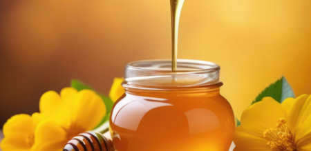 International Honey Day, World Bee Day, glass jar of honey, propolis flowers, horizontal bannerの素材