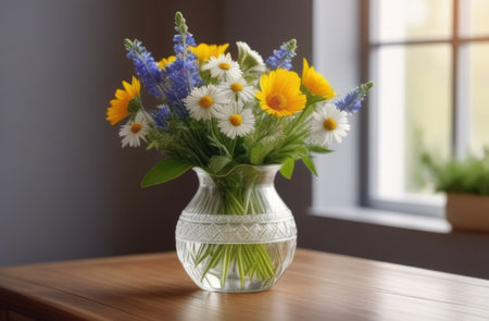 Valentine's Day, National Grandmothers' Day, International Women's Day, Mother's Day, bouquet of wildflowers in a glass vase, daisies and forget-me-nots, bright room interiorの素材