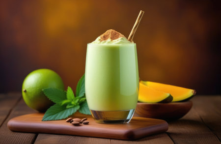 Holi, a celebration of spring and bright colors in India, traditional Indian cuisine, Special lassi, alcoholic cocktail Bhang lassi, decorated with berries and spicesの素材