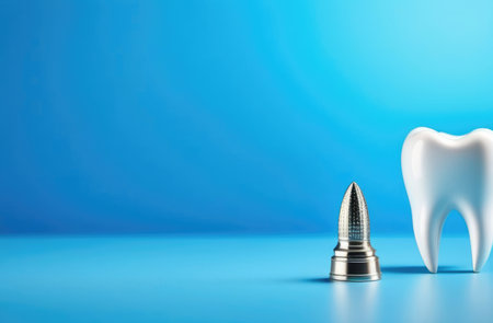 International Dentist Day, dental office, white tooth figurine, professional teeth cleaning, denture, blue background, horizontal web banner, place for textの素材