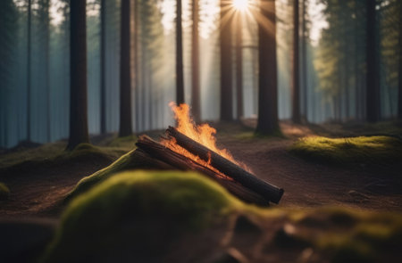 World Wildlife Day, International Day of Forests, forest fires, bonfire in the forest, destruction of forests, trees on fire, flames, coniferous forest, sunny dayの素材