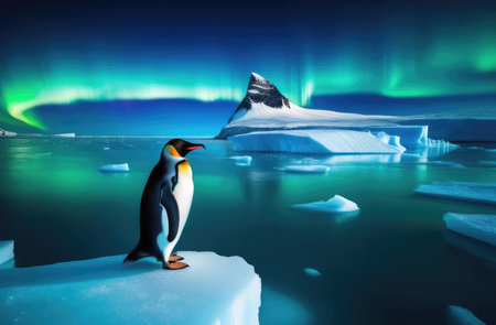World Penguin Day, a lone adult penguin on an ice floe, the kingdom of ice and snow, an iceberg in the ocean, the northern lights, the far northの素材