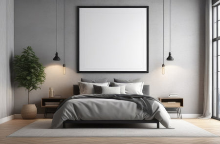 modern bedroom interior, empty mockup picture frame on the wall, double bed, lots of pillows, minimalist interior, indoor plants, gray shadesの素材