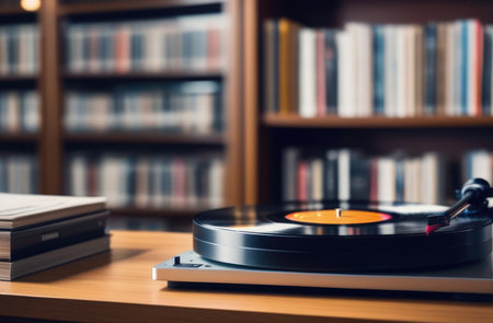 world Music Day, World Rock-n-roll Day, old vinyl records, retro vinyl record player on the table, stack of books, home library on a blurred background, shelves of booksの素材