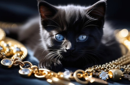 jewelry advertising, gold and silver jewelry with precious stones, cute pet black cat, pets in advertising, jewelry salon, advertising luxury trendの素材