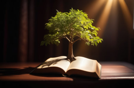 international Day of Poets and Writers, World Book and Copyright Day, magic book, green tree growing from an open book, dark background, sun raysの素材