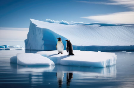 World Penguin Day, two adult penguins on an ice floe, an iceberg in the ocean, a lot of snowの素材