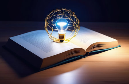 World Intellectual Property Day, a burning light bulb on an open book, idea search, thinking and creative concept, gaining knowledge, self-learning, neural connections, dark backgroundの素材