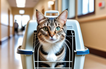 World Cat Day, vets examination, veterinary clinic, animal treatment, pet striped gray cat in a carrier, hospital corridor, medicines for cats, overexposure of animals, animal shelterの素材