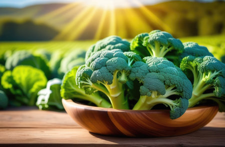 green broccoli on a wooden plate on a wooden table, against the background of a vegetable garden, cabbage field, harvesting, healthy food and organic farming, sunny dayの素材