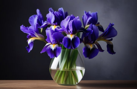 Valentine's Day, National Grandmothers Day, Mother's Day, International Women's Day, bouquet of purple irises in a glass vase on a wooden table, dark backgroundの素材