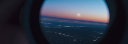 Aviation and Cosmonautics Day, International Day of Human Spaceflight, view of the city from the porthole window, night city, top view, sunrise, horizontal bannerの素材