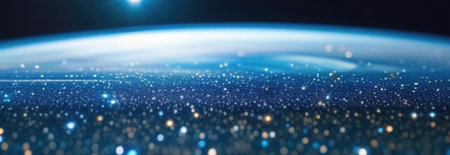 Aviation and Cosmonautics Day, International Day of Human Spaceflight, bright scattering of light bulbs, stars and comets, galaxy and Milky Way, horizontal bannerの素材