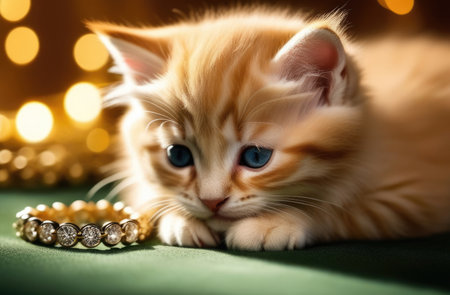 jewelry advertising, pets in advertising, cute fluffy red kitten, jewelry salon, gold and silver jewelry with precious stones, advertising luxury trendの素材
