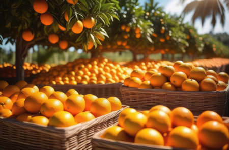 a lot of wicker baskets with oranges, plantations of orange trees to the horizon, an orange garden, ripe oranges hanging on a branch, a sunny day, dawn or sunset lightの素材