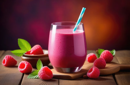 Healthy raspberry smoothie, detoxifying berry smoothie, diet smoothies for weight loss, organic products, healthy eating and nutrition, mint leavesの素材